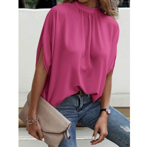 Pink Casual Top, Blouse Stand Collar Tie Back Half Sleeve - Picture 4 of 6